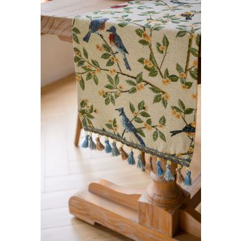 Birds & Branch Table Runner - Jacquard Woven Beige with Tassels(33X350CM)