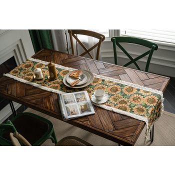 Sunflower Table Runner with Fringe - Jacquard Woven Cotton Blend (30x220cm)