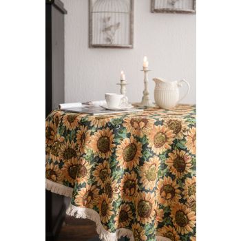 Round Sunflower Tablecloth - Jacquard Woven Cotton with Fringe Trim (120cm)
