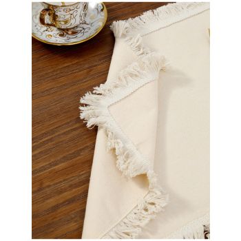 4 PCS Beige Cotton Linen Placemat with Fringe - Solid Color Table Mat for Dining (30x30cm)