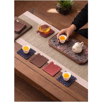 Navy Blue Chinese Style Linen Coasters - Set of 4, Hand-Embroidered Tea Mats (9x9cm)