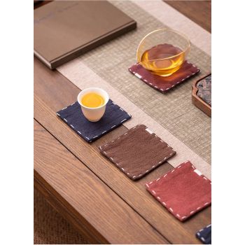 Chinese Style Linen Coasters - Set of 5, Hand-Embroidered Tea Mats (9x9cm)