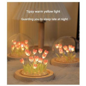 (Ten Pink Tulips) Glowing Tulip Dome Lamp -  Wooden Base, Bedside Table Decoration