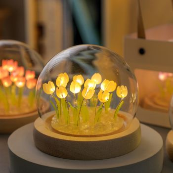 (Thirteen Yellow Tulips) Glowing Tulip Dome Lamp -  Wooden Base, Bedside Table Decoration