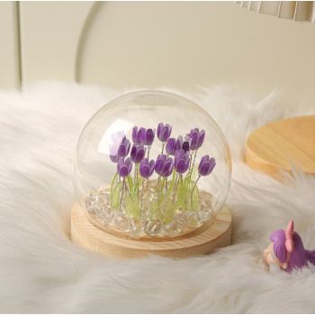 (Thirteen Purple Tulips) Glowing Tulip Dome Lamp -  Wooden Base, Bedside Table Decoration