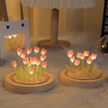 (Sixteen Pink Tulips) Glowing Tulip Dome Lamp -  Wooden Base, Bedside Table Decoration