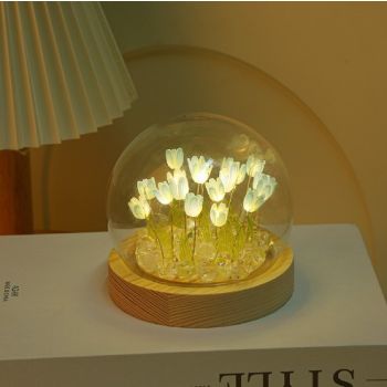 (Twenty Blue Tulips) Glowing Tulip Dome Lamp -  Wooden Base, Bedside Table Decoration