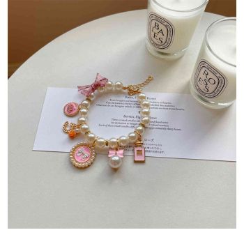 Pink 4-PCS Pearl Charm Pet Necklace - Adjustable Bowknot Collar for Small Dogs & Cats (L: 30+5CM)