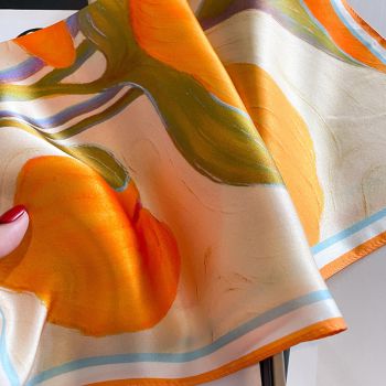 Orange Lotus Leaf Women's Floral Print Mulberry Silk Shawl, 53cm (Style 5)