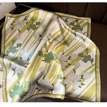Green Flowers 53cm Silk Scarf - 100% Mulberry Silk, Floral Print, Women's Square Scarf Shawl (Style 2)