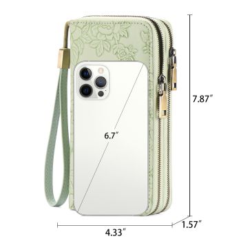 Green Embossed Design Large Capacity Vegan Leather Wallet with Wristlet