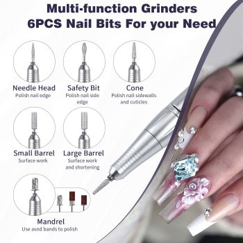 White Portable Electric Nail Drill - Rechargeable, Adjustable Speed, Low Vibration