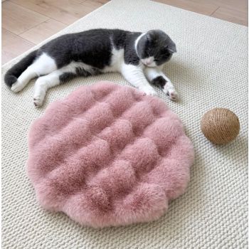 Pink Plush Round Cat Mat - Soft Faux Fur Sleeping Pad (40cm Diameter)