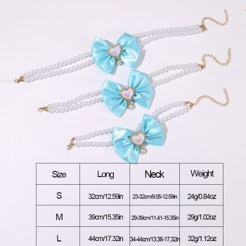 2 - PCS Cute Pet Pearl Necklace Collar with Blue Bow and Heart Charm - Size M