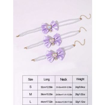 2 - PCS Cute Pet Pearl Necklace Collar with Purple Bow and Heart Charm - Size M