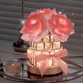Pink Rose LED Crystal Flower Table Lamp - USB Rechargeable Touch Control Night Light
