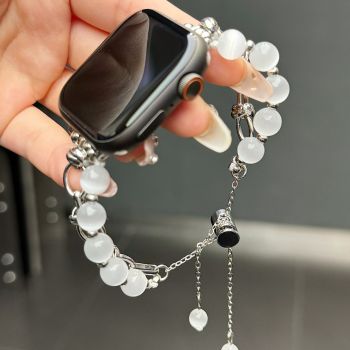 2-pcs Silver Elegant Cat's Eye Beaded Bracelet Band for Apple Watch - Women's Luxury Strap (Compatible Size :38/40/41MM )