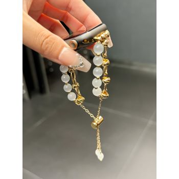 2-pcs Gold chain with white beads Elegant Cat's Eye Beaded Bracelet Band for Apple Watch - Women's Luxury Strap (Compatible Size :42/44/45MM )