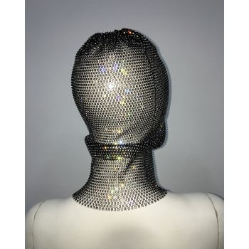 Black colored diamonds Glitter Rhinestone Face Balaclava - Trendy Music Festival Head Cover, 37cm