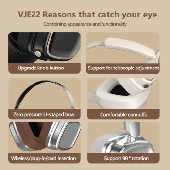 Beige Compact Retro Headphones - Wireless Bluetooth, Deep Bass, Immersive Sound