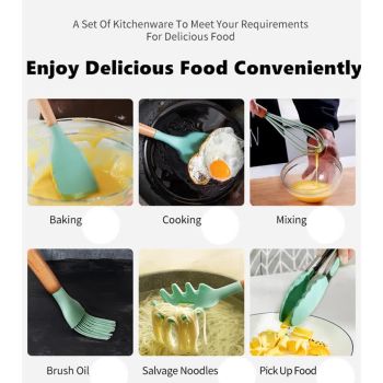 Light Green And Brown 12-Piece Silicone Kitchen Utensil Set - Non-Stick Food-Grade Silicone Cooking Tools with Wooden Handles and Holder