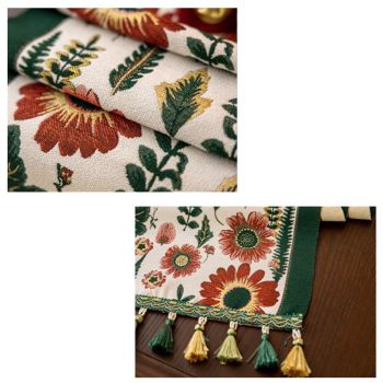 35x120cm Green Pastoral Table Runner - Spring Floral Oil Painting Style with Tassels