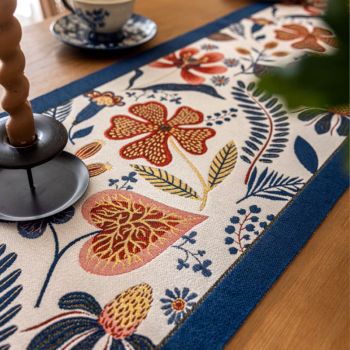 35x120cm Blue Pastoral Table Runner - Spring Floral Oil Painting Style with Tassels