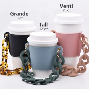 2 Pcs Dark Blue Detachable Chain Coffee Cup Sleeve - PU Leather Insulated Cup Holder with Handle, 16cm Top, 70g(Cup not included, only cup sleeve and chain)