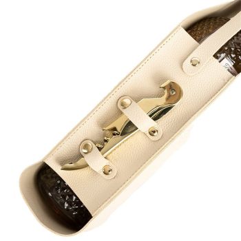 Brown Leather-Look Single Wine Bottle Carrier Bag with Handle and Side Pocket for Opener(Red wine and bottle opener are props for shooting and are not included)