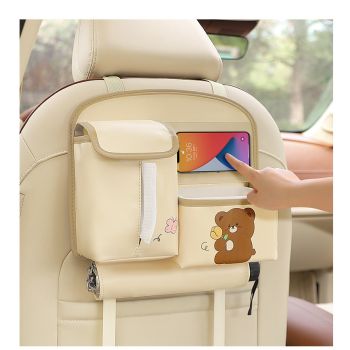 Beige Cute Cartoon Car Backseat Organizer with Multi-Pocket Storage and PP Trash Bin - 400g Lightweight PU Leather