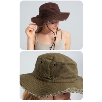 Beige Packable Cotton Bucket Hat - Folds into Wearable Pouch | Frayed Edge Sun Hat with Chin Strap