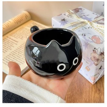 White And Brown Adorable Ceramic Cat Mug - Cute Creative Coffee Cup with Tail Handle (210ml)