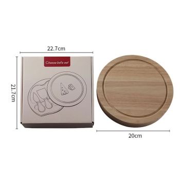 Brown And Silver Compact Round Rubberwood Cheese Board Set | 4 Stainless Steel Knives & Tools