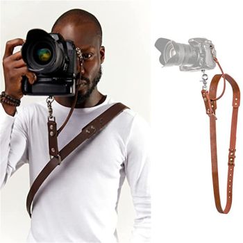 Coffee Adjustable Genuine Leather Camera Strap - Crossbody Shoulder Sling for DSLR/SLR(The camera is a prop and is not included)