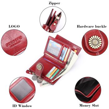 Peacock Blue (64 grain) Women's Short Leather Wallet - European Style Waxed Leather Coin Purse with Zipper Card Holder in Red