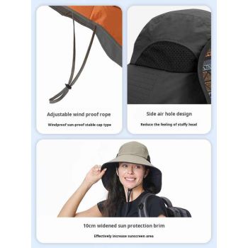 Black Wide Brim Sun Hat with Cape - Foldable UV Protection - 10cm Brim 