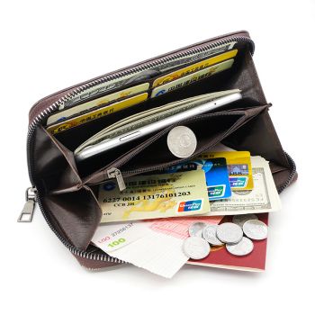Black 2PCS Men's Premium Long Wallet - Business PU Leather Zip Around Card Holder with Multiple Slots & Pull-Tab Design
