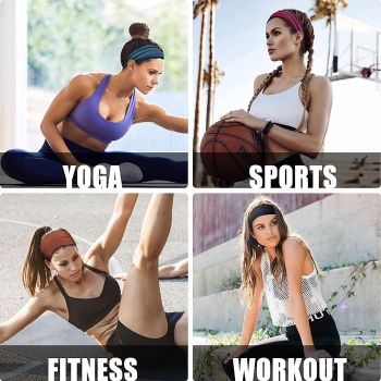 Camouflage Blue 5-Pack Wide Sports Headbands for Women - Non-Slip Yoga Headwraps with Sweat-Wicking Fabric (88% Nylon+12% Spandex)