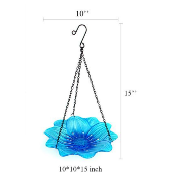 Blue Decorative Hanging Glass Flower Bird Bath - 10 Inch Vibrant Outdoor Garden Accent