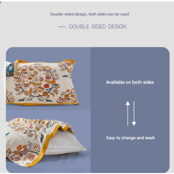 Single Blue Floral Pillow Towel Premium Cotton Gauze Pillow Towel Pair - Simple Nordic Style (52x75cm)