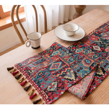 Jacquard Black With Plum Blossom 33-180cm Elegant Geometric Jacquard Table Runner with Tassels - Modern Dining & Coffee Table Decor