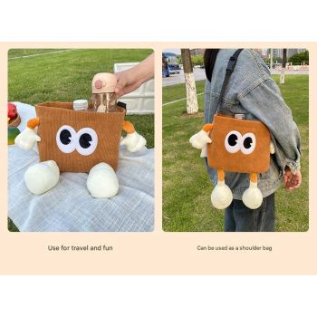 Brown Cute Cartoon Car Trash Bin with Adjustable Strap - Water-Repellent Corduroy (19x24cm)