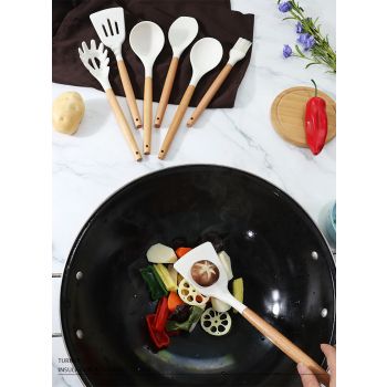 Pink 11-Piece Silicone Kitchen Utensil Set with Wooden Handles and Storage Bucket - Heat Resistant and Non-Stick