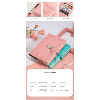 Heart Lock Diary with Key - Vintage Style Journal, Blue PU Leather, Secure and Elegant