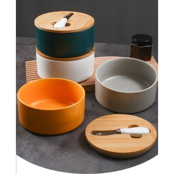 Yellow Nordic Ceramic Butter Dish with Knife - Airtight Cheese Container with Bamboo Lid, Kitchen Storage