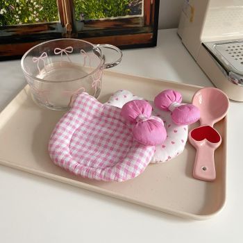 Korean INS Kitty Quilt Insulation Pad, Cute Fabric Kitchen Mat, Desktop Decoration (Pink plaid)