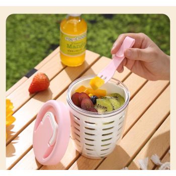 Green Double Layer Salad Cup with Fork - Leak-proof Fruit Container, Drain Design, Portable Oatmeal and Picnic Jar