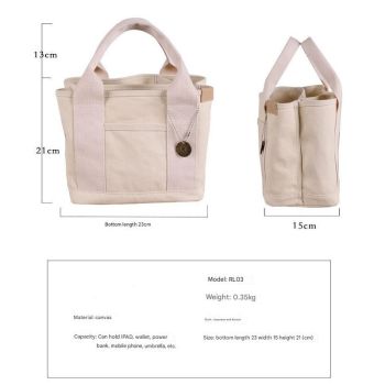 Gray Canvas Lunch Tote Bag - Stylish Handbag with Multiple Compartments for Women