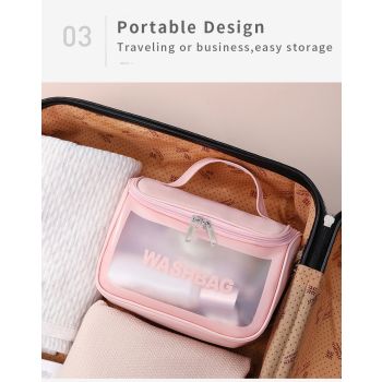 PVC Transparent Cosmetic Bag,Waterproof Portable Travel Organizer with Handle(Pink)