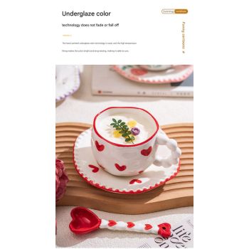 Hand-Painted Ceramic Coffee Mug and Saucer Set - Whimsical Afternoon Tea Cup with Spoon(White cloud-pink)